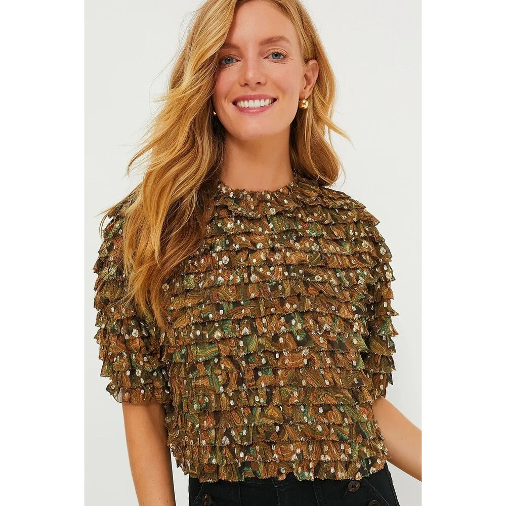 ULLA JOHNSON Carmella Blouse Tiger's Eye Size 8 Silk Chiffon Metallic NWT  $590